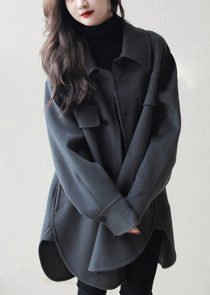 Haze Blue Peter Pan Collar Button Pockets Patchwork Side Open Woolen Coats Long Sleeve