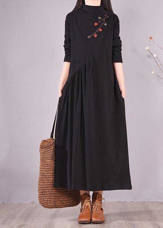 High Neck Cinched Spring Clothes Tutorials Black Embroidery Long Dresses