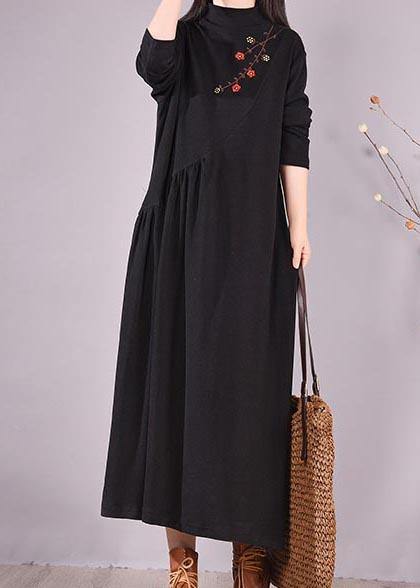 High Neck Cinched Spring Clothes Tutorials Black Embroidery Long Dresses