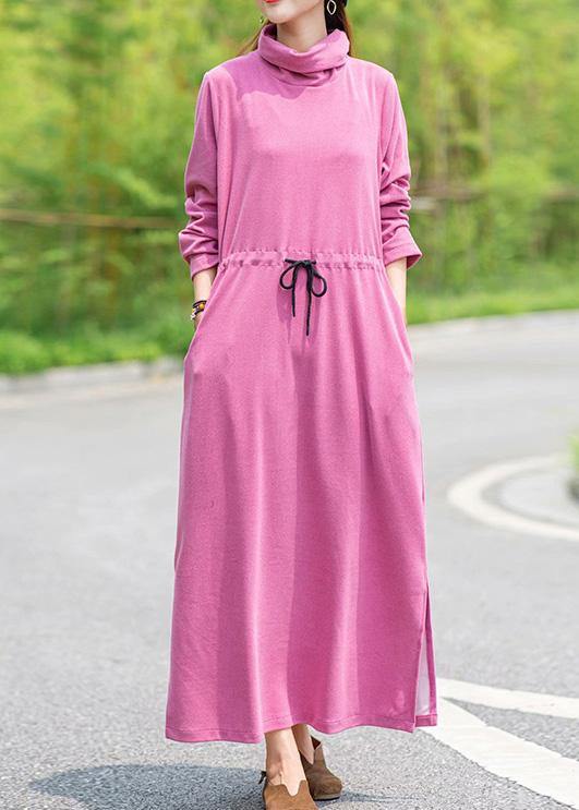 High Neck Drawstring Spring Tunics Design Pink Robe Dress
