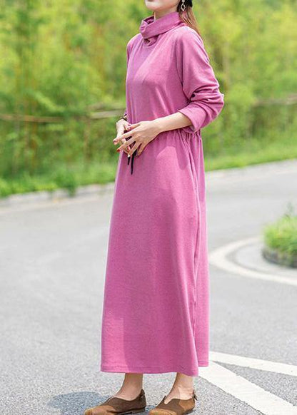 High Neck Drawstring Spring Tunics Design Pink Robe Dress