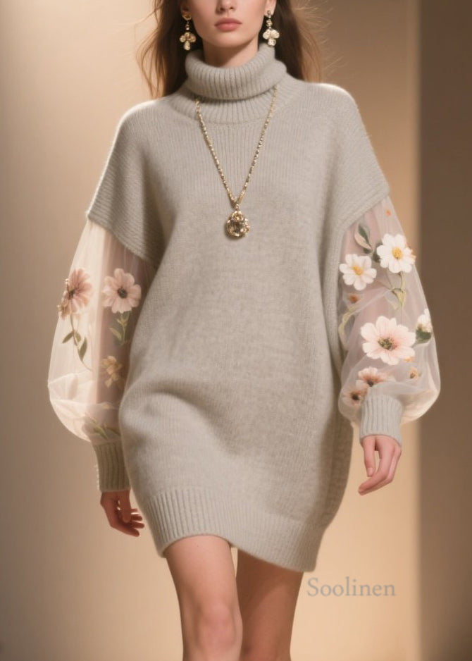 Hign Neck Tulle Patchwork Knit Sweater Dress Winter