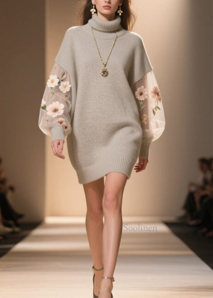 Hign Neck Tulle Patchwork Knit Sweater Dress Winter