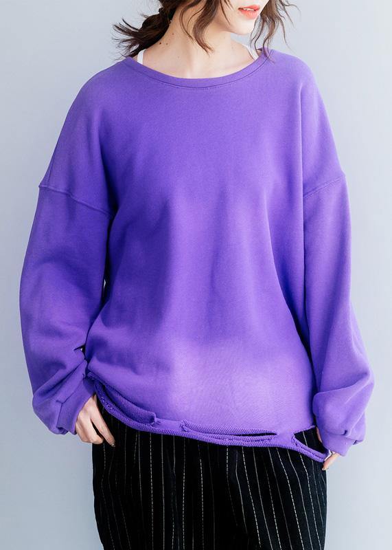 Hole Hem Cotton O Neck Clothes Neckline Purple Shirt