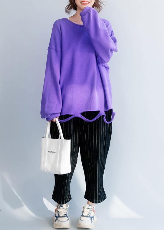 Women Hole hem cotton o neck clothes Neckline purple shirt