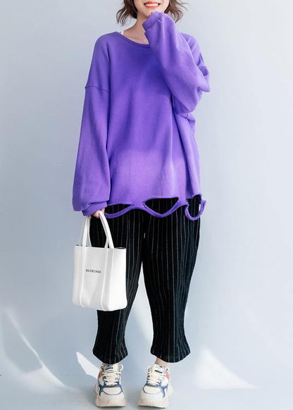 Women Hole hem cotton o neck clothes Neckline purple shirt