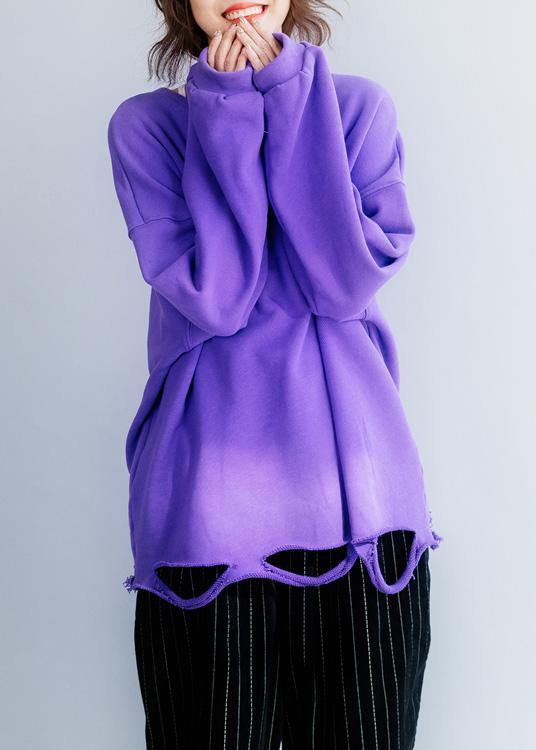 Women Hole hem cotton o neck clothes Neckline purple shirt