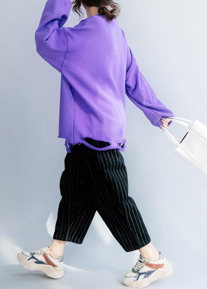 Women Hole hem cotton o neck clothes Neckline purple shirt