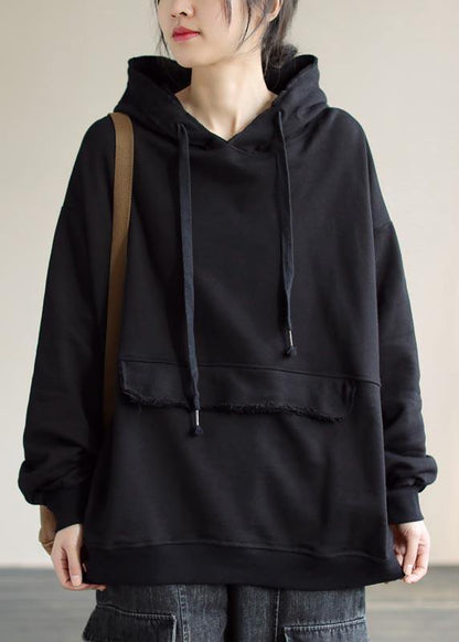 Women Hooded Cinched Spring Black Blouses