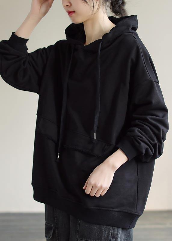 Hooded Cinched Spring Black Blouses
