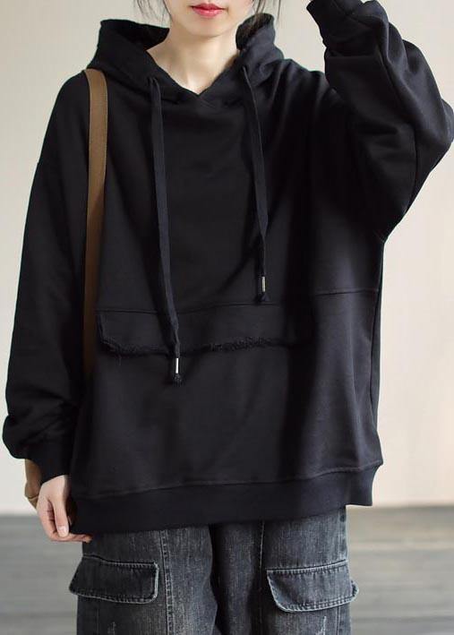 Women Hooded Cinched Spring Black Blouses