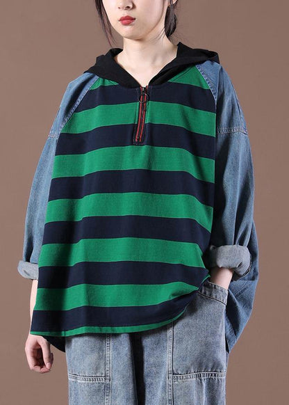 Women Hooded Sring Shirts Green Striped Tops