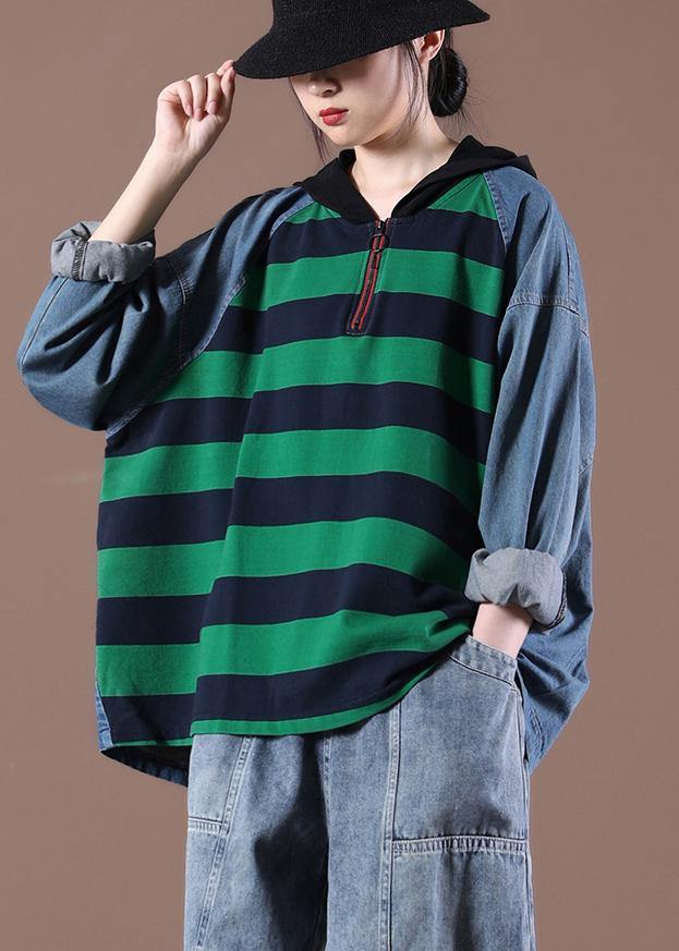 Women Hooded Sring Shirts Green Striped Tops