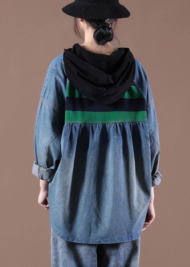Women Hooded Sring Shirts Green Striped Tops