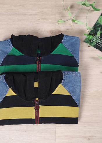 Women Hooded Sring Shirts Green Striped Tops