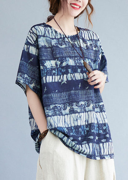Ink Blue O Neck Patchwork Cotton T Shirt Top Summer