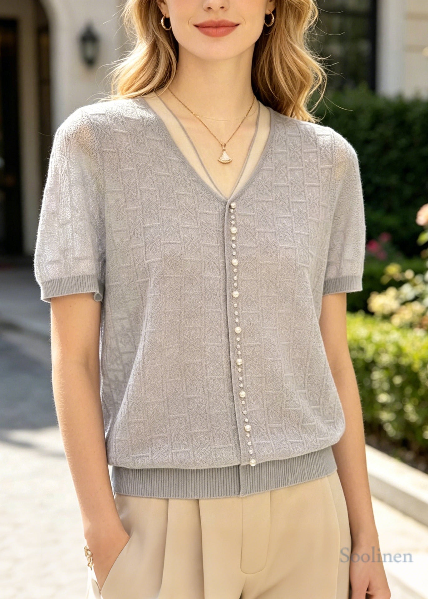 Jacquard Handmade Pearl Knit Top Summer
