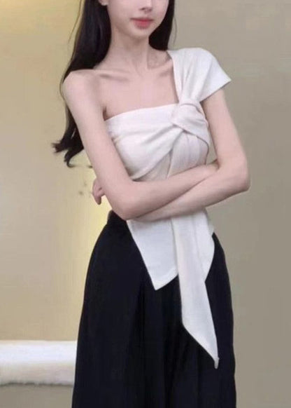 Khaki Asymmetrical One Shoulder Cotton T Shirt Sleeveless