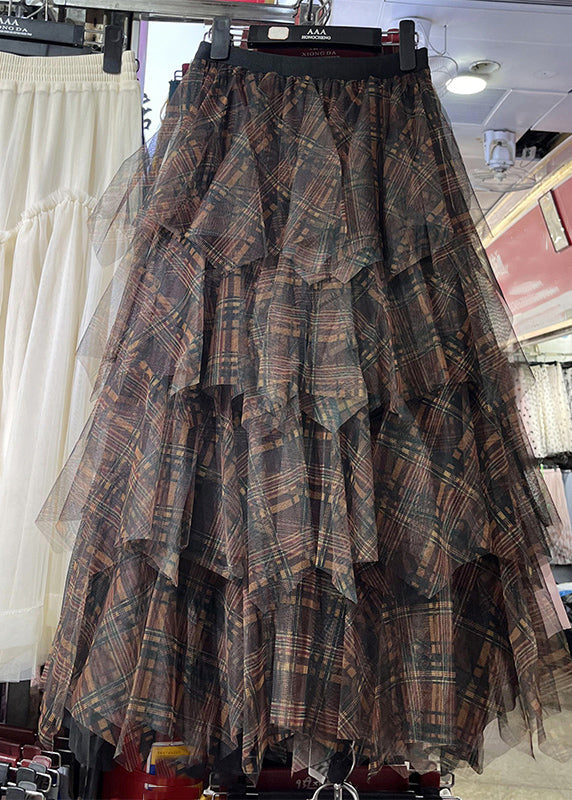 Khaki Asymmetrical Plaid Elastic Waist Layered Tulle Maxi Skirts Spring
