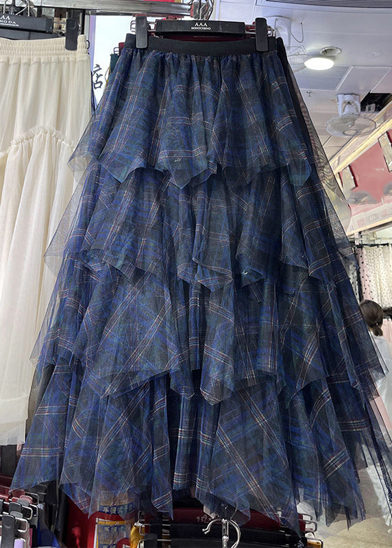 Khaki Asymmetrical Plaid Elastic Waist Layered Tulle Maxi Skirts Spring