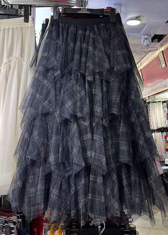 Khaki Asymmetrical Plaid Elastic Waist Layered Tulle Maxi Skirts Spring