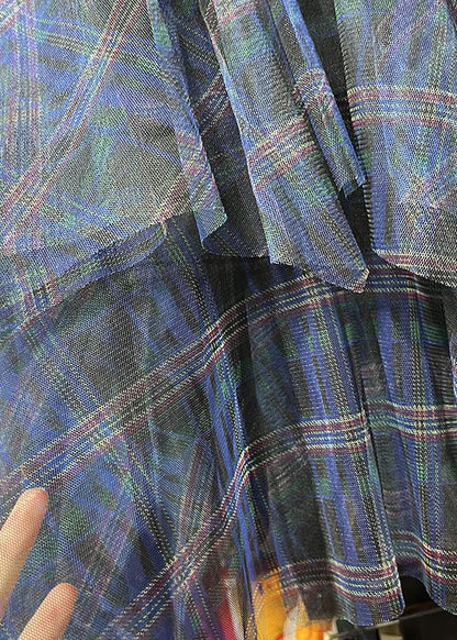 Khaki Asymmetrical Plaid Elastic Waist Layered Tulle Maxi Skirts Spring