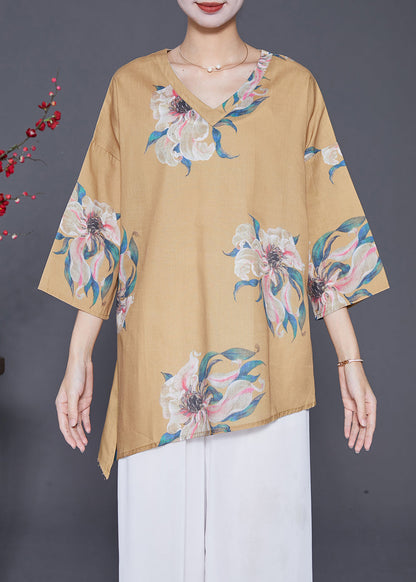 Khaki Asymmetrical Print Linen Shirts Summer