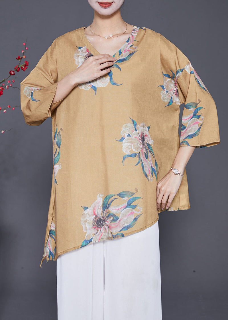 Khaki Asymmetrical Print Linen Shirts Summer