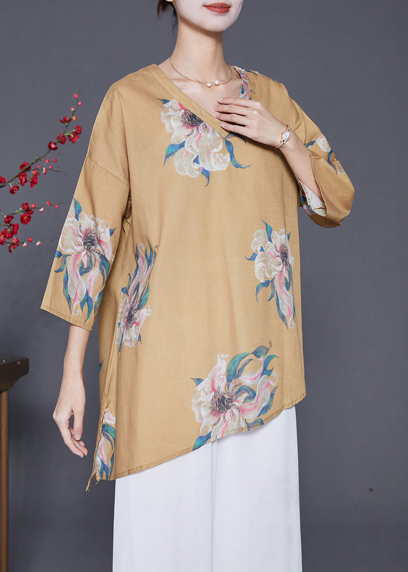 Khaki Asymmetrical Print Linen Shirts Summer