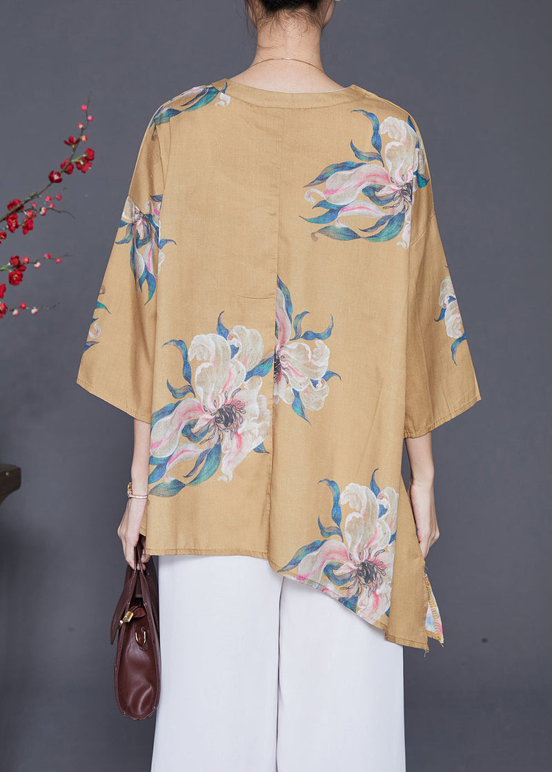 Khaki Asymmetrical Print Linen Shirts Summer