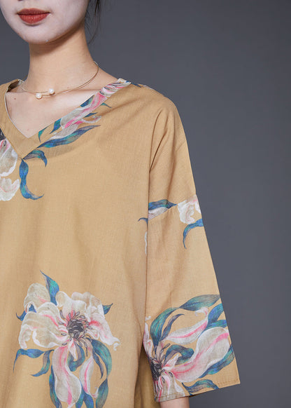 Khaki Asymmetrical Print Linen Shirts Summer