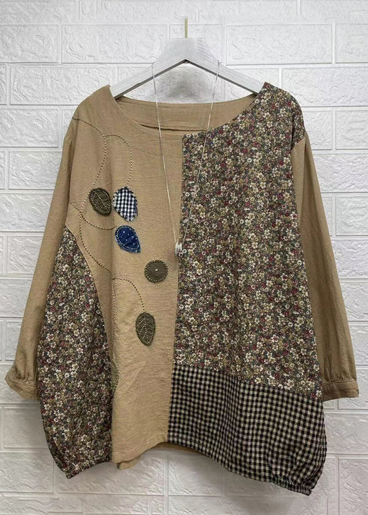 Women Khaki Asymmetrical Print Patchwork Cotton Top Fall