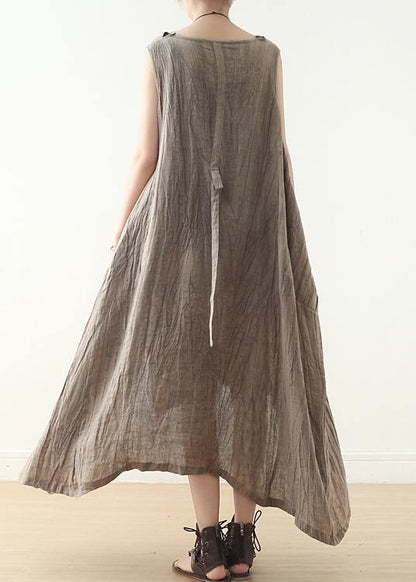 Khaki Asymmetrical Summer Sleeveless Linen Dress