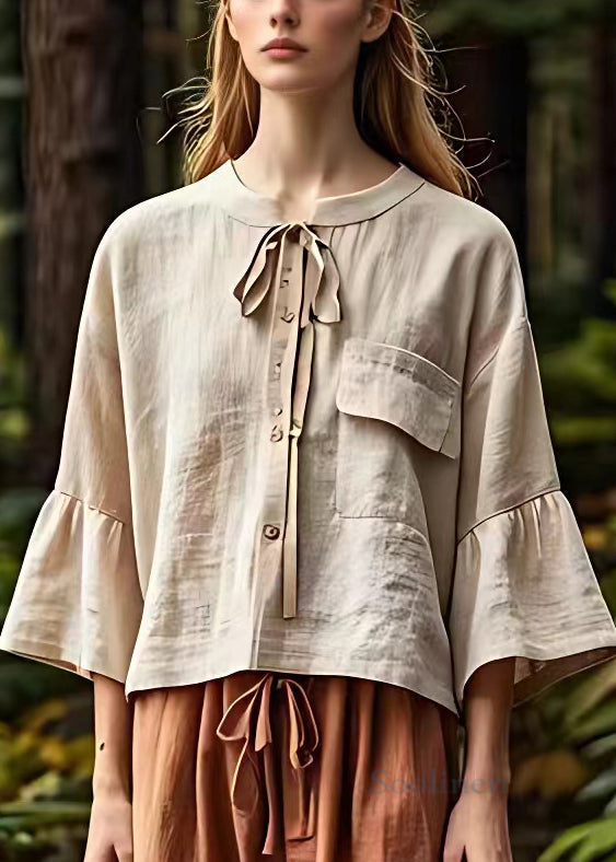 Khaki Button Lace Up Cotton Shirt Bracelet Sleeve