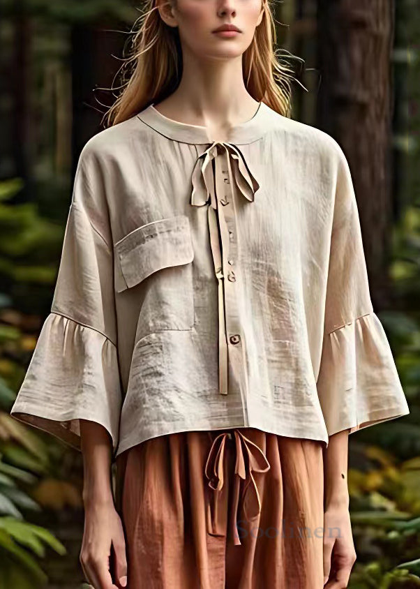 Khaki Button Lace Up Cotton Shirt Bracelet Sleeve