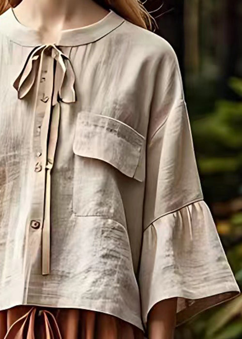 Khaki Button Lace Up Cotton Shirt Bracelet Sleeve