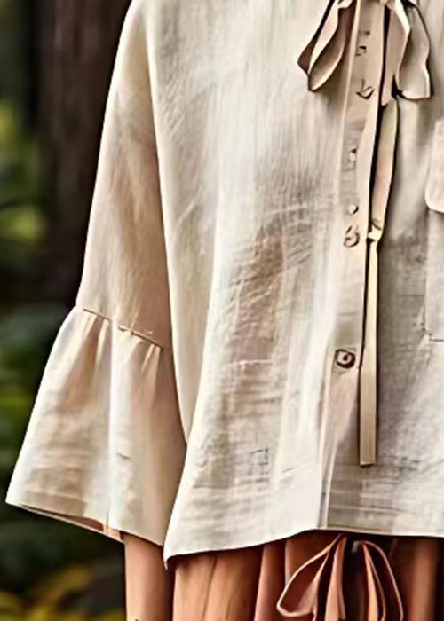 Khaki Button Lace Up Cotton Shirt Bracelet Sleeve
