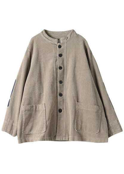 Women Khaki Button Patchwork Pockets Fall Long sleeve Top