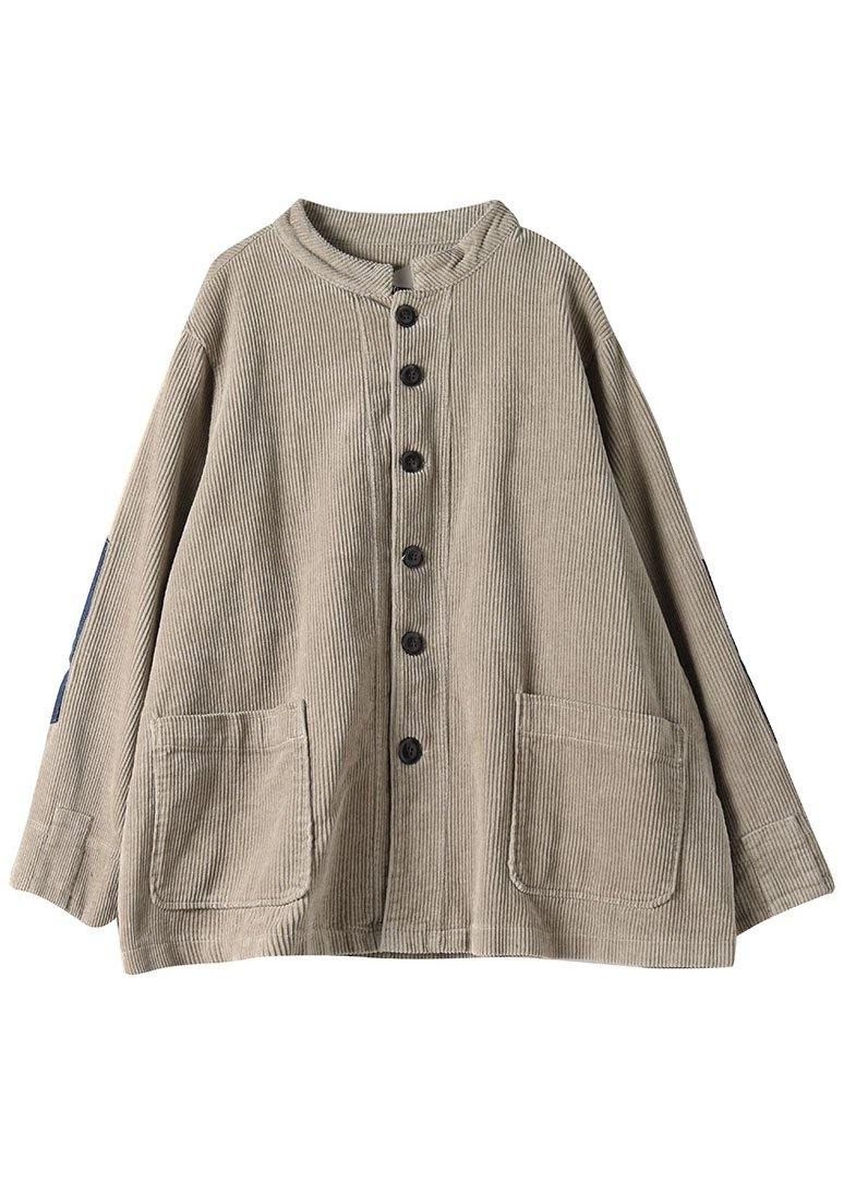 Khaki Button Patchwork Pockets Fall Long Sleeve Top