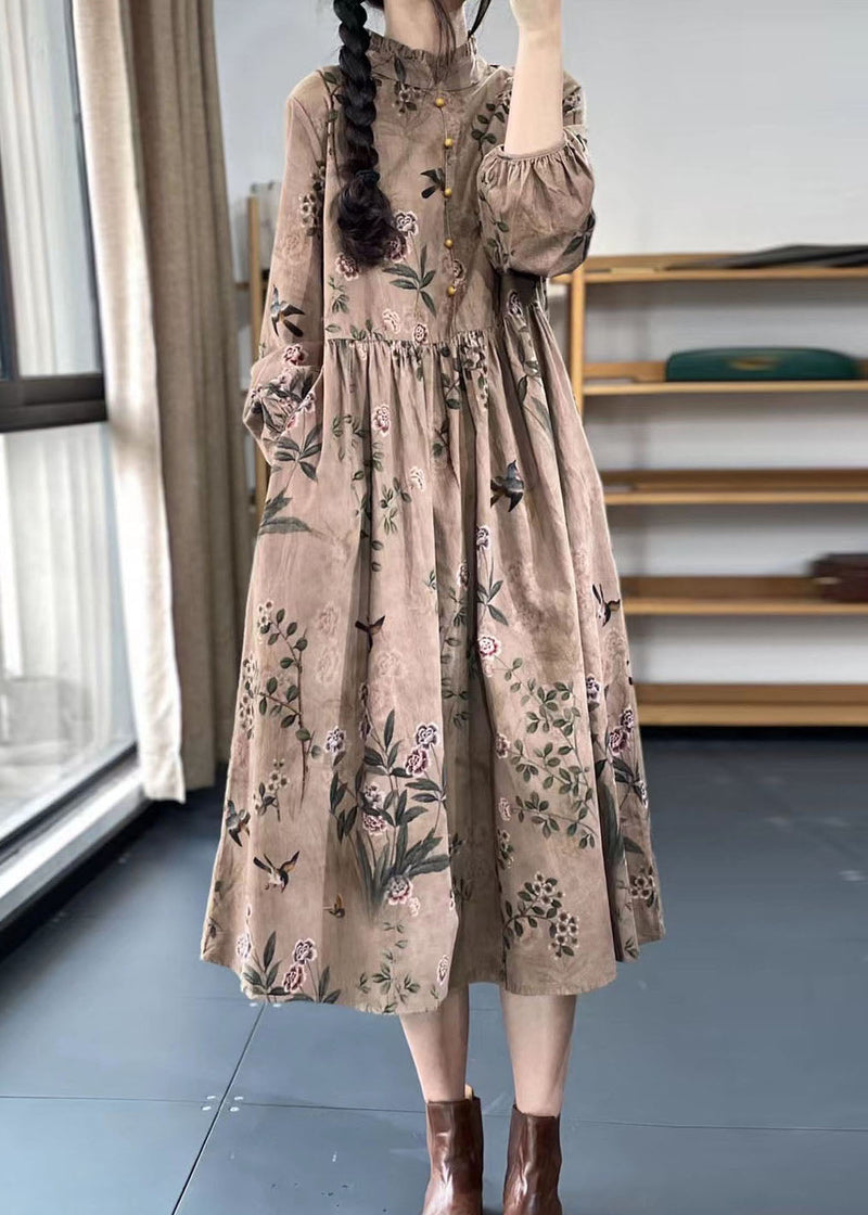Khaki Button Ruffled Print Dress Spring