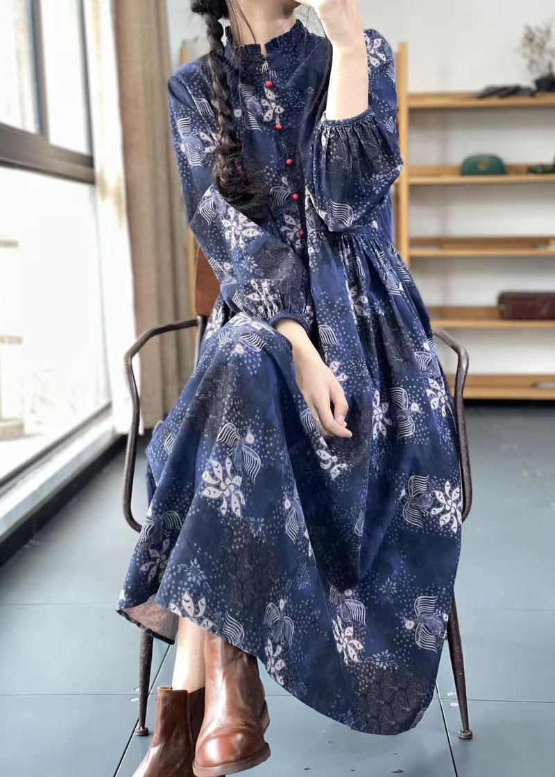 Khaki Button Ruffled Print Dress Spring