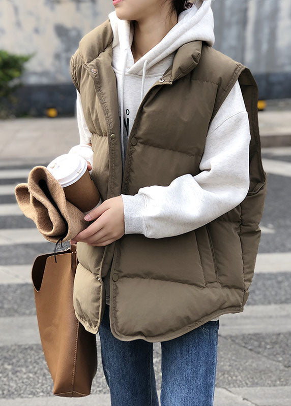 Khaki Stand Collar Thick Winter Sleeveless Puffer Vest