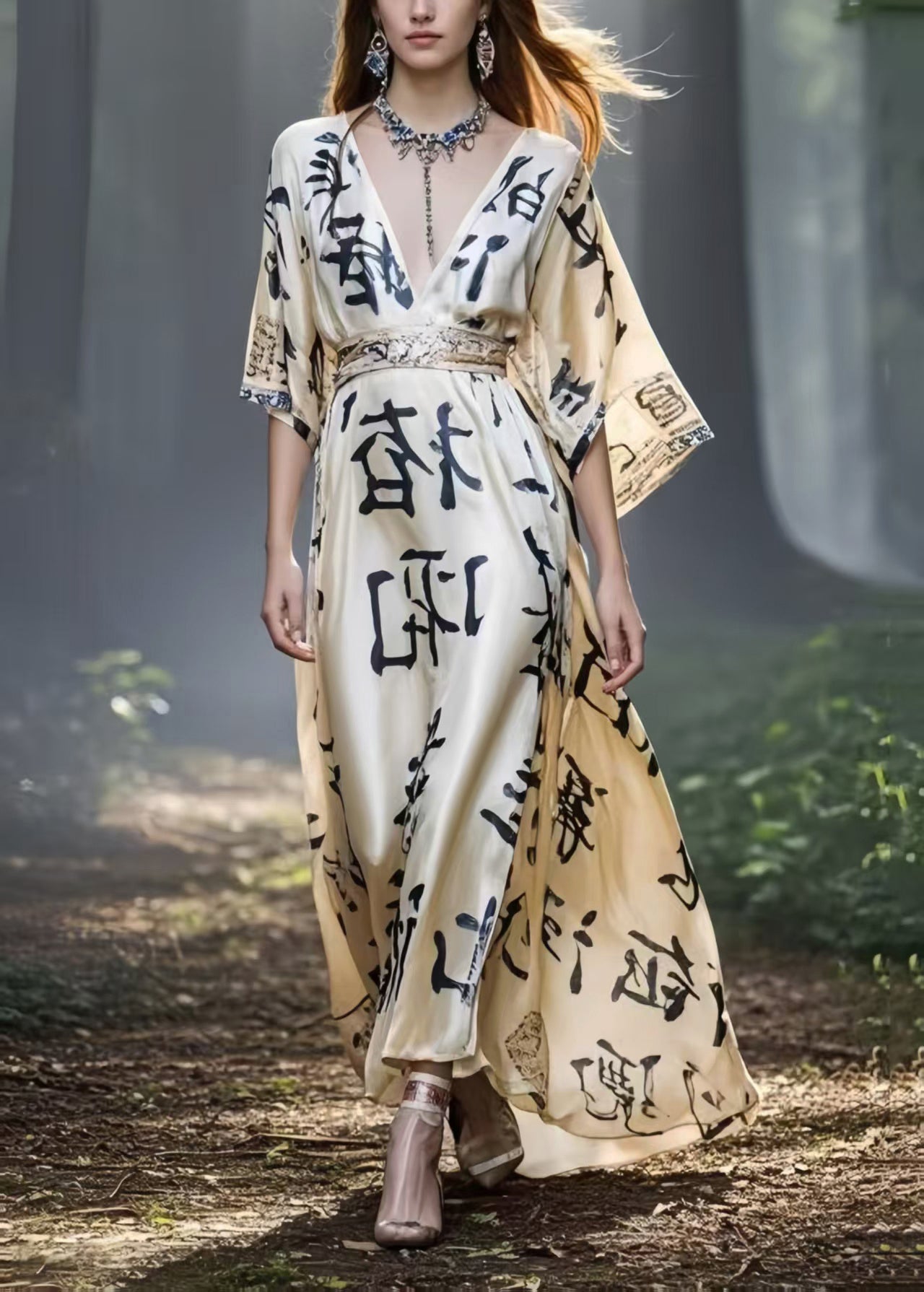 Khaki Cinched Print Silk Maxi Dresses Summer
