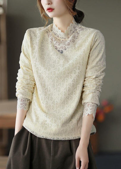 Women Khaki Clothes Stand Collar Lace Spring Top