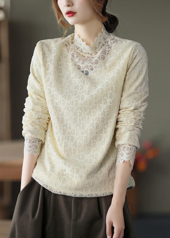 Khaki Clothes Stand Collar Lace Spring Top