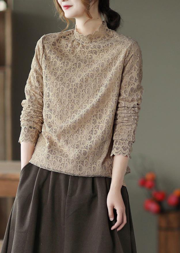 Women Khaki Clothes Stand Collar Lace Spring Top