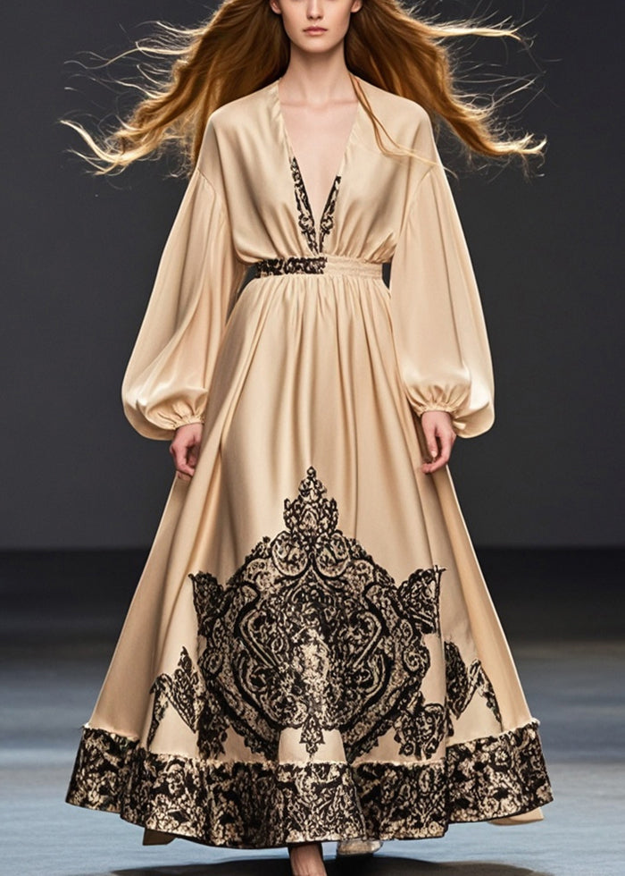 Khaki Deep-v Neck Print Silk Party Dress Spring