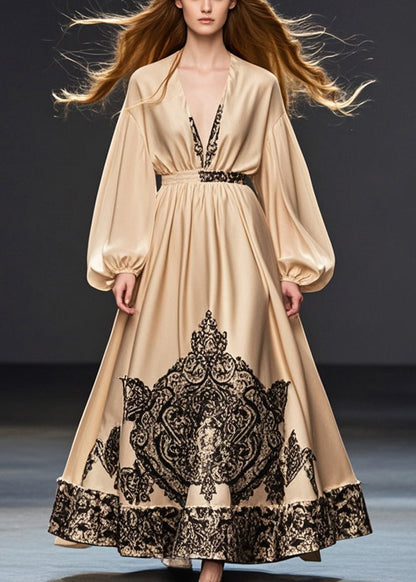 Khaki Deep-v Neck Print Silk Party Dress Spring