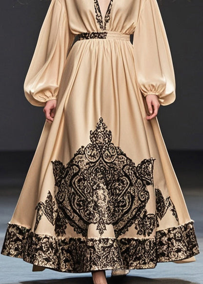 Khaki Deep-v Neck Print Silk Party Dress Spring