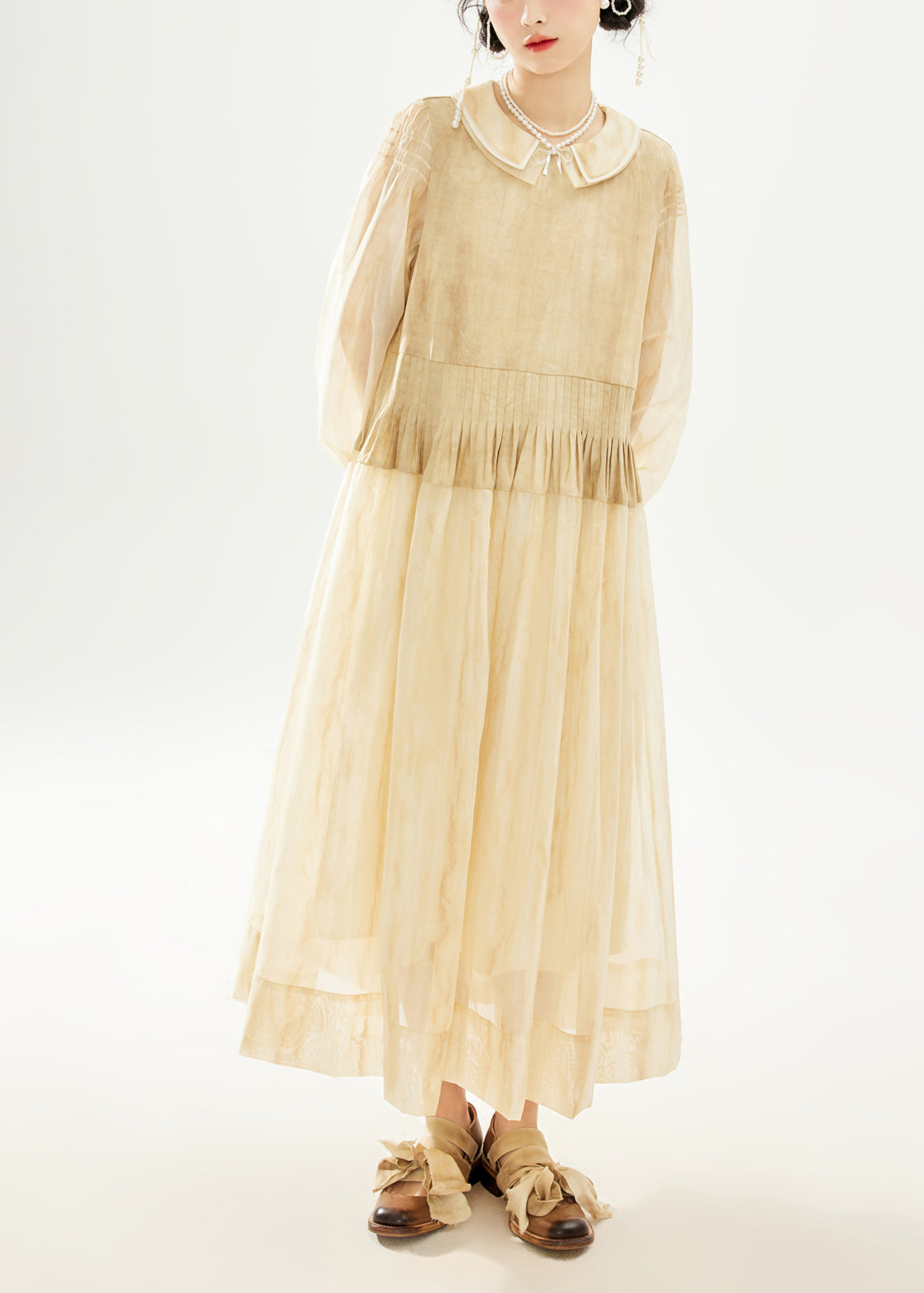 Khaki Double Layer Wrinkled Patchwork Cotton Long Dress Long Sleeve